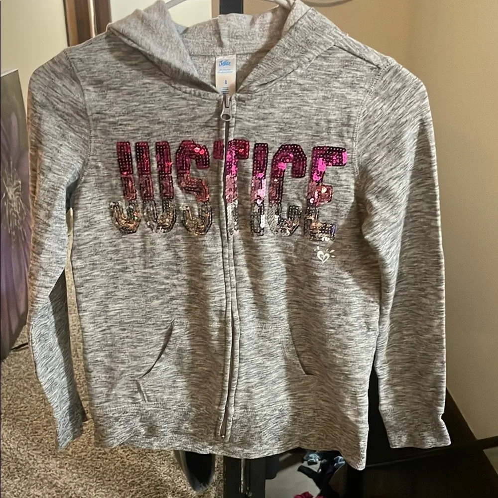 Justice Heather Gray Sequin Kids Zipup Hoodie